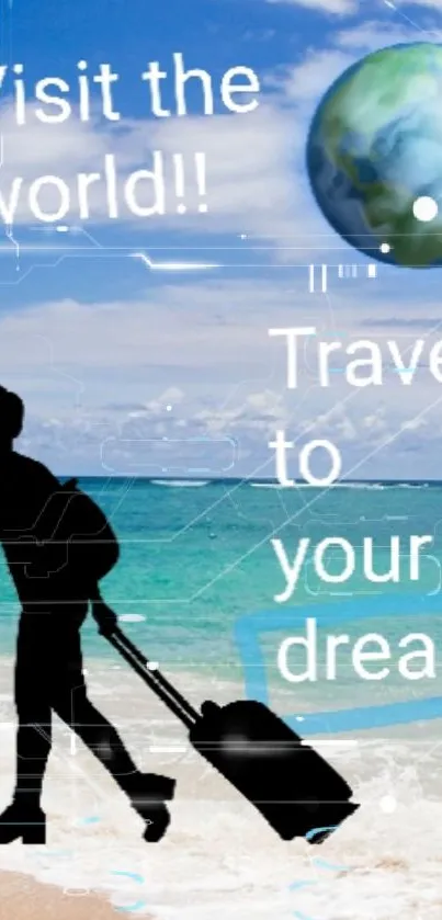 Travel-themed mobile wallpaper with beach and silhouette.