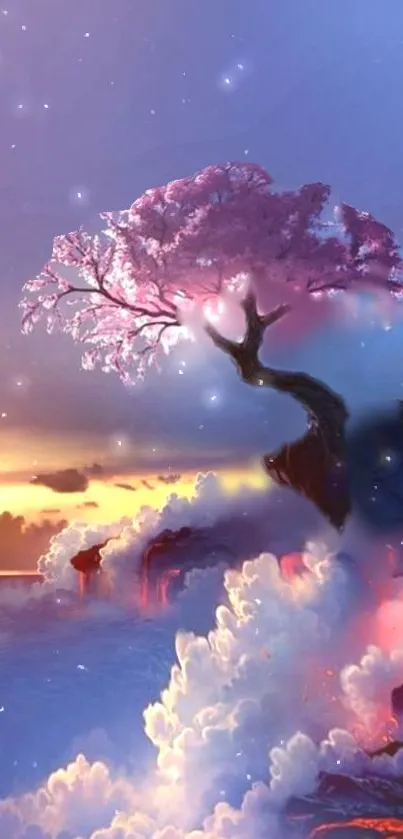 Fantasy wallpaper with pink tree and glowing clouds at sunset.