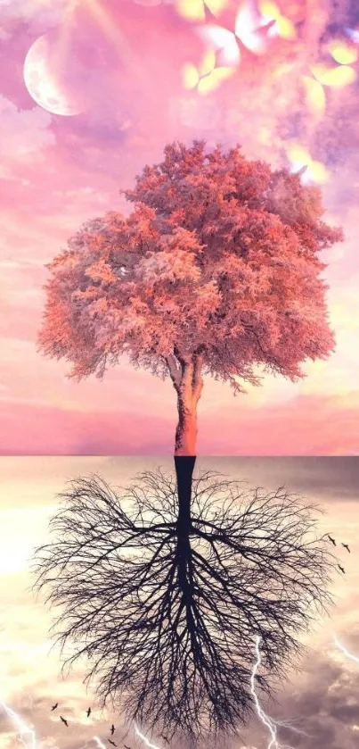 Dreamy pink tree with reflection in serene landscape.