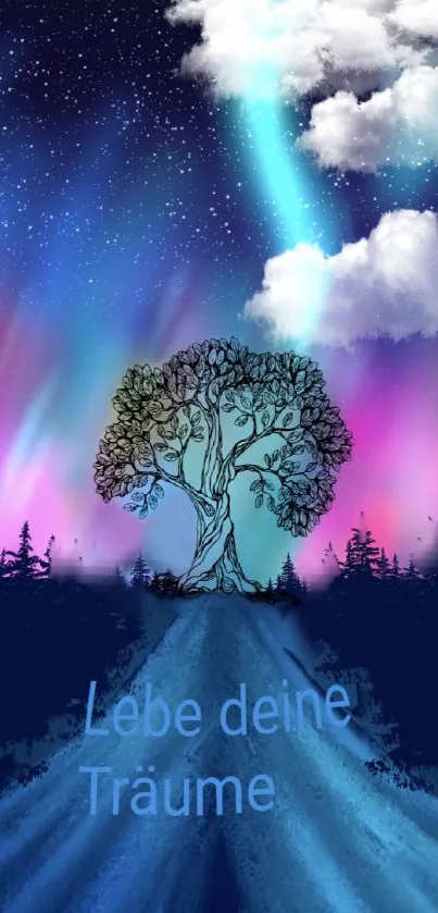 Fantasy tree under a celestial night sky with auroras and stars.