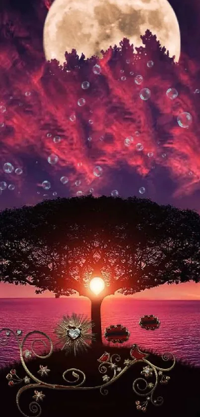 Magical tree under a full moon with a vibrant magenta sky.