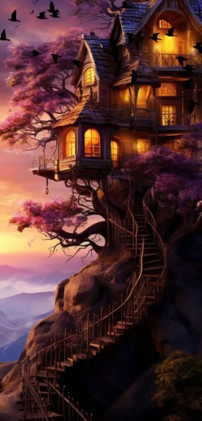 Magical treehouse nestled in purple trees during a vibrant sunset.