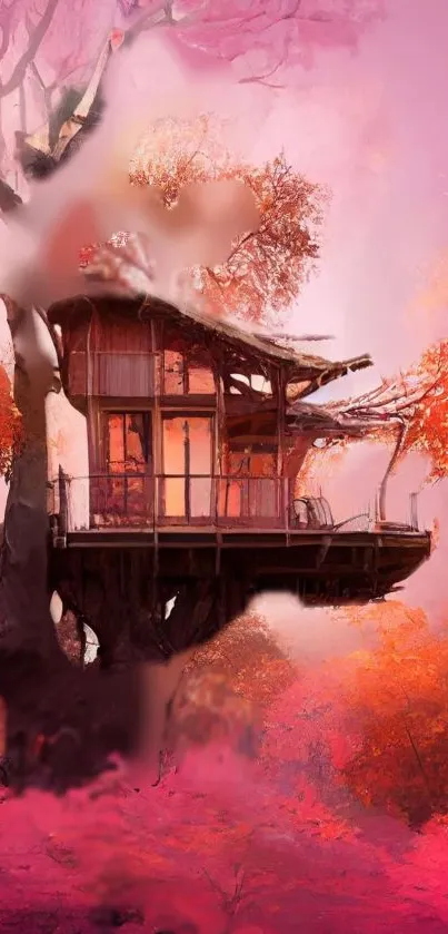 Whimsical treehouse in autumn pinks and oranges, perfect mobile wallpaper.