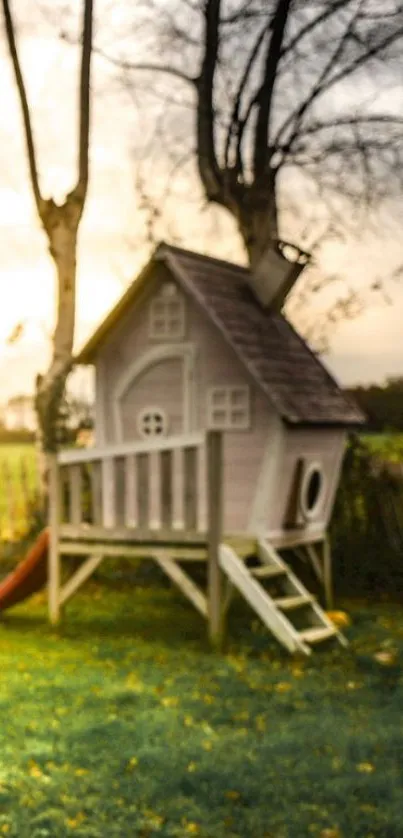 Charming treehouse amid lush greenery at sunrise.