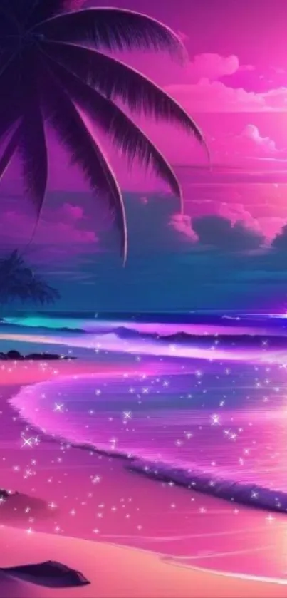 Vibrant tropical sunset with purple waves and silhouettes of palm trees.