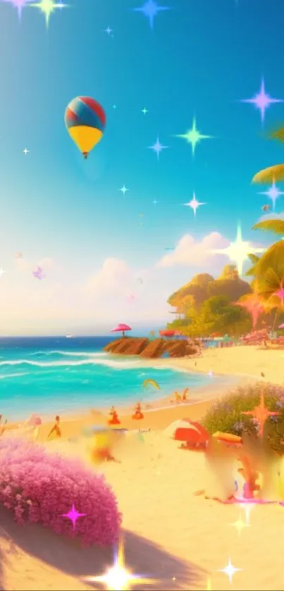 A vibrant tropical beach scene with hot air balloons and palm trees.