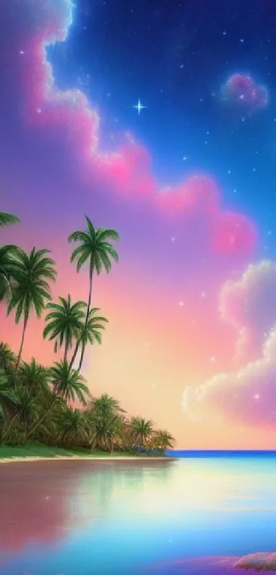 Dreamy tropical beach wallpaper with starry sky.