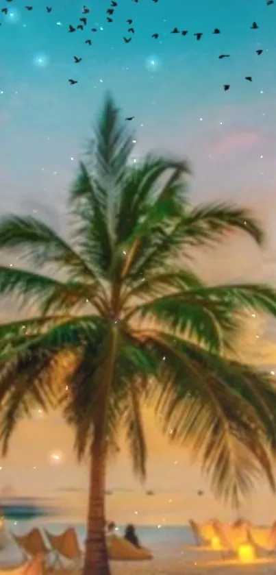 Dreamy tropical beach with palm tree at sunset, under starry sky.
