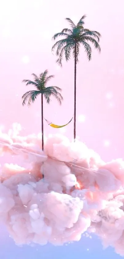 Pastel pink clouds with palm trees and hammock.