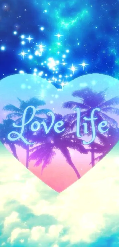 Tropical heart wallpaper with stars and palm trees on a cloud background.