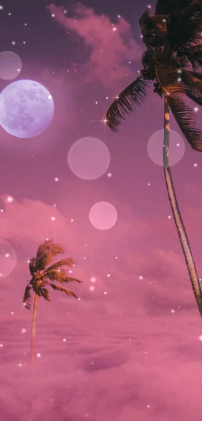 Tropical night sky with pink clouds and palms under a full moon.