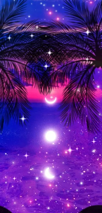 Vibrant night sky with purple hues and silhouetted palm trees.