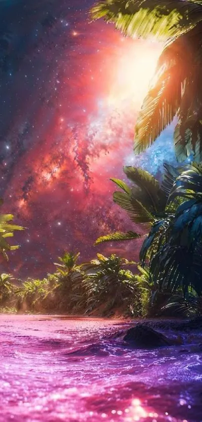 Vivid galaxy landscape with palms and colorful sky.