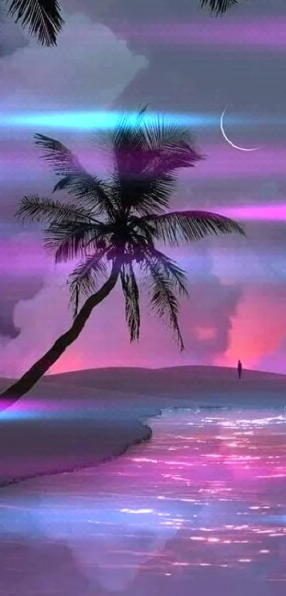 Palm trees silhouetted against a purple twilight sky with a crescent moon.