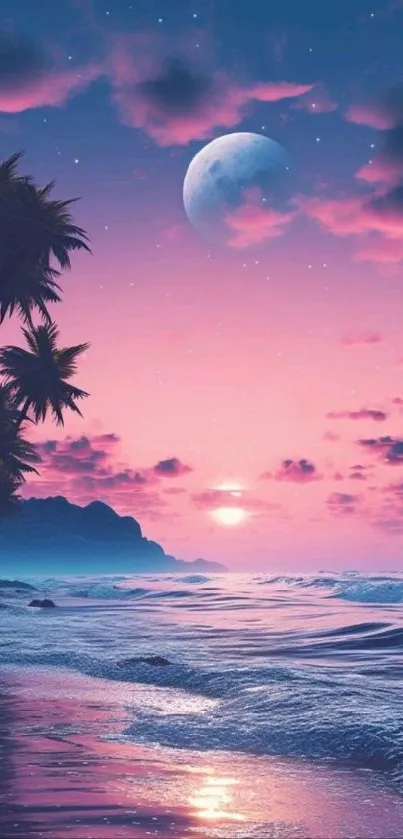 Dreamy tropical sunset with palms and ocean.