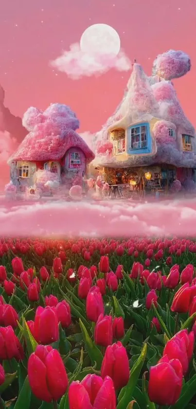 Dreamy fantasy scene with tulip fields and whimsical houses under a pink sky.