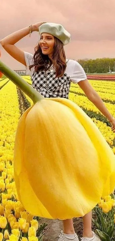 Girl with tulip dress in a vibrant flower field.