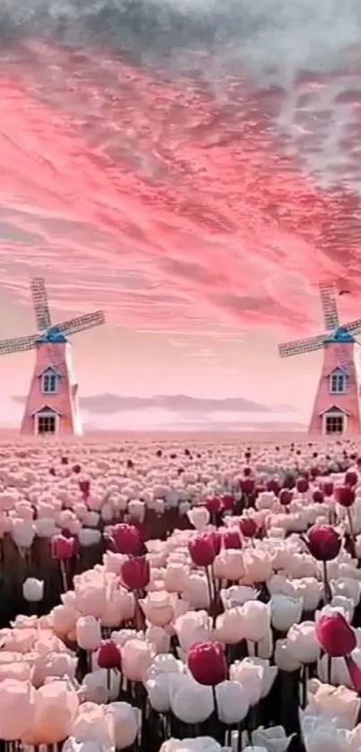 Dreamy tulip field with windmills and a vibrant pink sky.