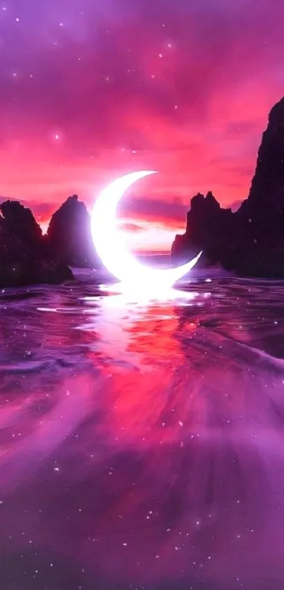 Dreamy purple beach scene with crescent moon at sunset.