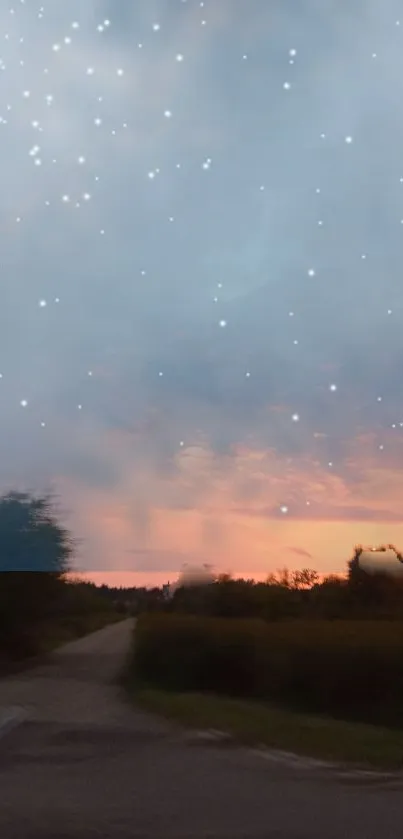 Starry sky over a twilight path with vibrant colors and a serene countryside view.