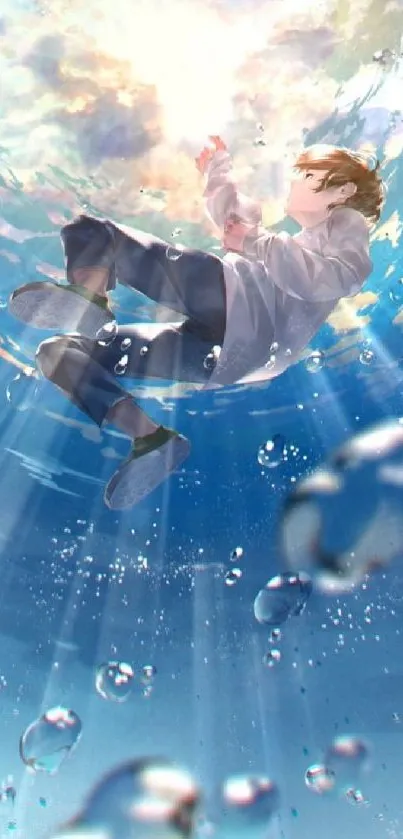 Anime character floating underwater with bubbles and light rays.