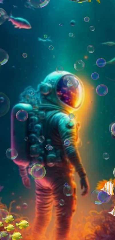 Surreal wallpaper featuring an underwater astronaut with vibrant bubbles and marine life.
