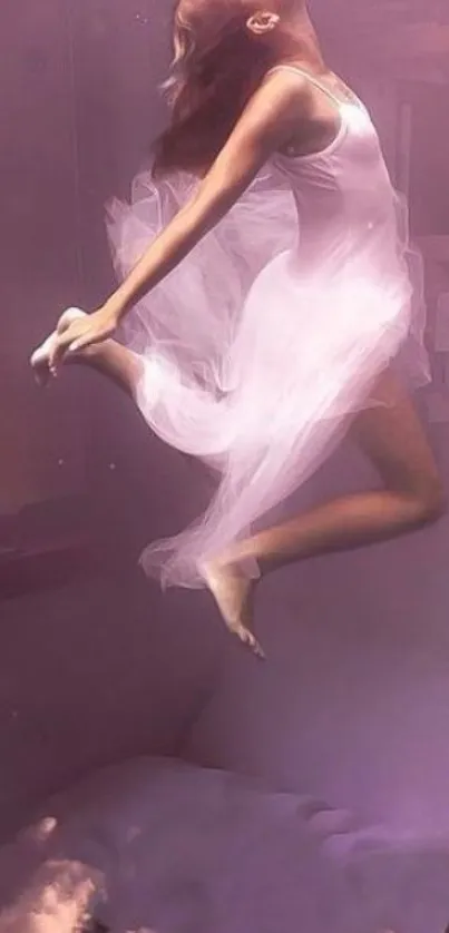 Ethereal underwater ballet dancer in a dreamlike lavender setting.