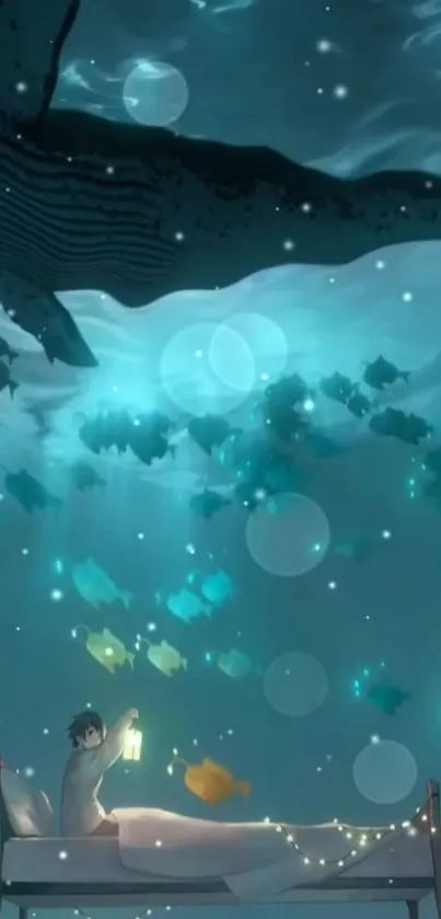 Dreamy underwater scene with bed and glowing fish.