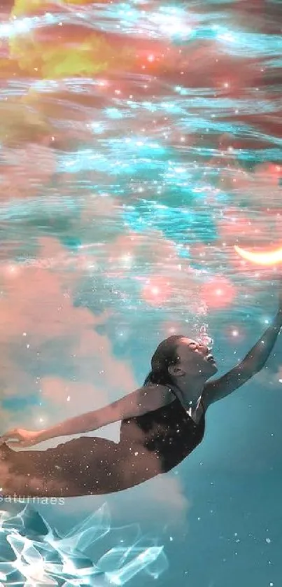 Woman swimming underwater reaching for a glowing crescent moon in a surreal scene.