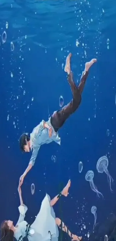 Two characters in a dreamy underwater scene with jellyfish.