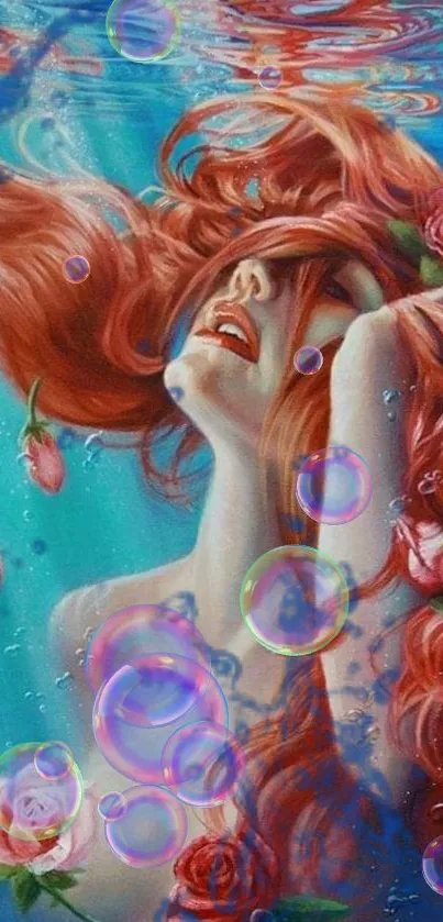 Dreamy underwater art with woman and roses.