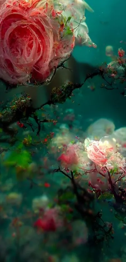 Ethereal underwater scene with blooming pink flowers.