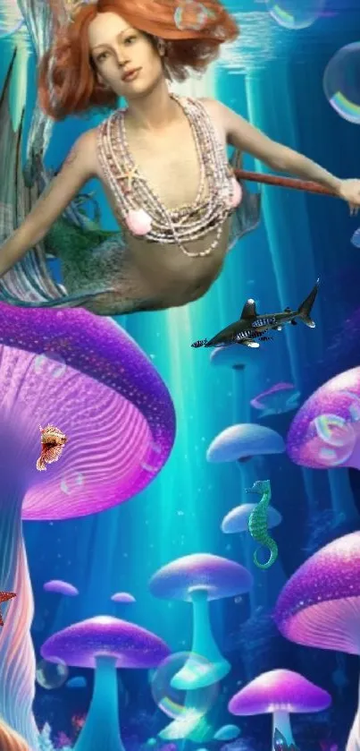 Mermaid swimming in an underwater scene with glowing mushrooms and sea creatures.