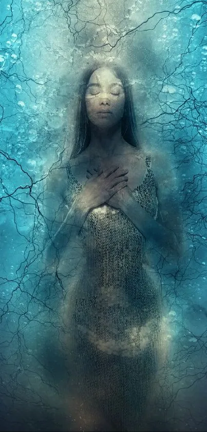 Dreamy underwater scene with tranquil woman.