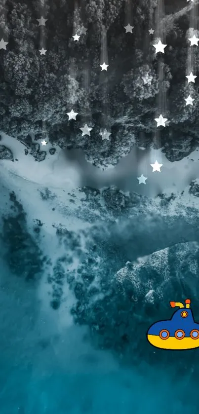 Whimsical submarine under starry ocean scene on mobile wallpaper.