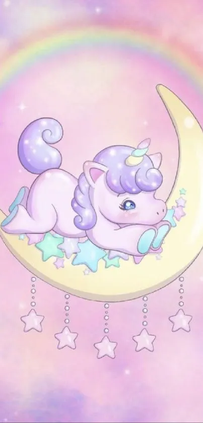 Pastel unicorn resting on crescent moon with rainbow background.