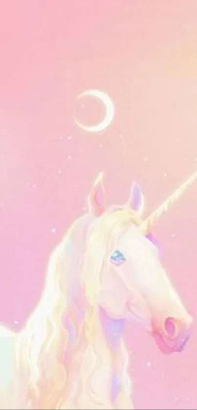 A whimsical pink unicorn under a crescent moon in a pastel sky.