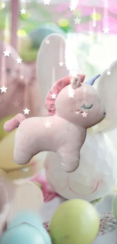 A dreamy pastel unicorn with stars in a whimsical setting.