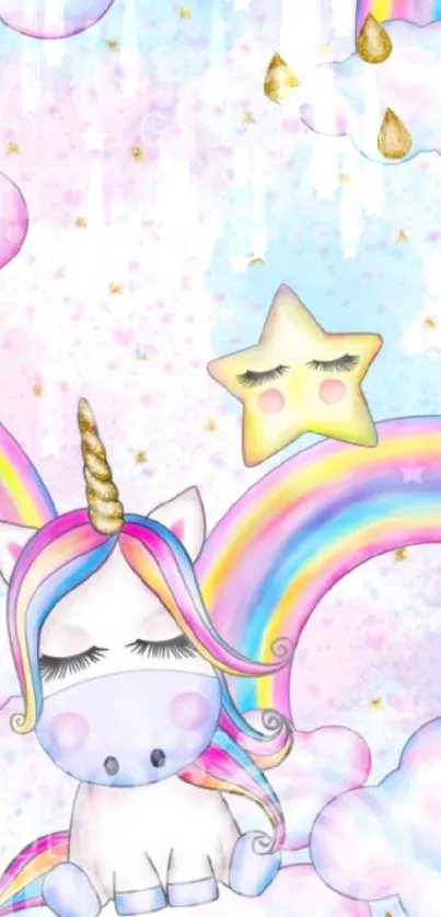 Cute unicorn with rainbows and clouds mobile wallpaper in pastel colors.