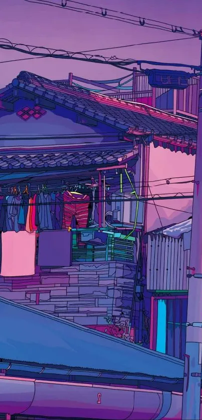 Anime-style urban scene with pastel colors and traditional rooftops.