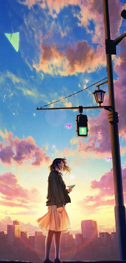 A girl standing under a streetlight, gazing at paper planes against a sunset cityscape.