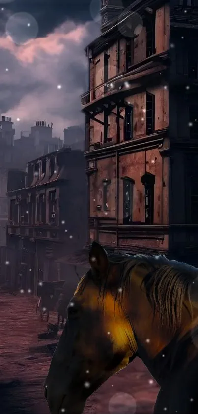 Surreal night scene with a mystical horse in an urban setting.