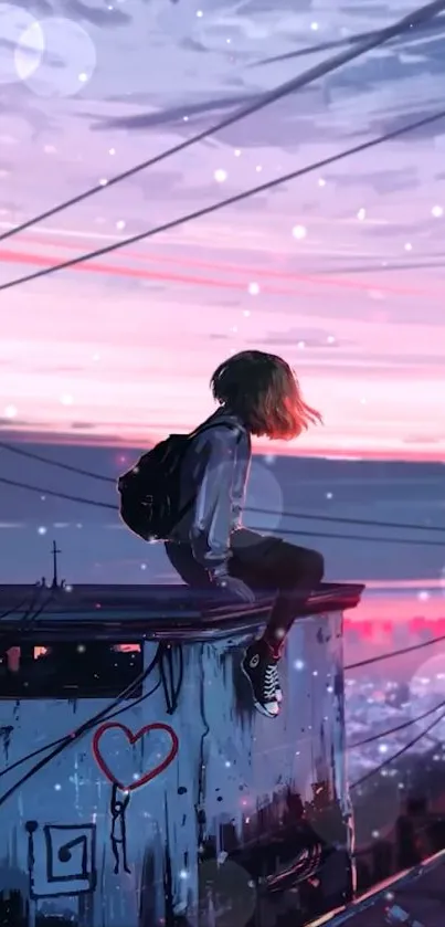 Artistic girl sitting on rooftop at sunset.