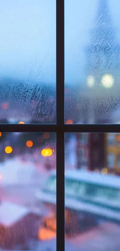 A blurry cityscape seen through a rain-streaked window with bokeh lights.