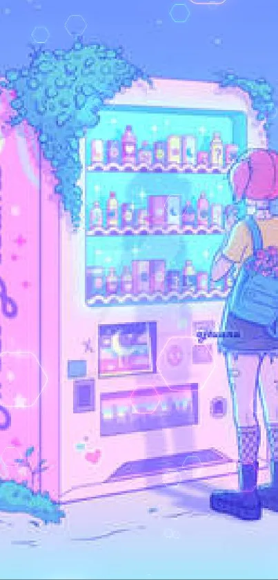 Dreamy pastel vending machine with whimsical art style and pink hair character.