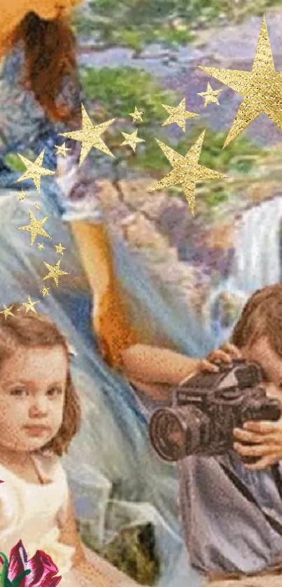 Dreamy vintage wallpaper with a child and stars.