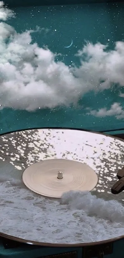 Vinyl player with floating clouds and starry turquoise background.