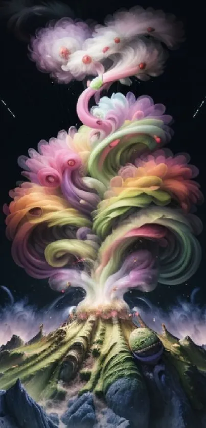 Surreal volcano eruption with colorful clouds in digital artwork.