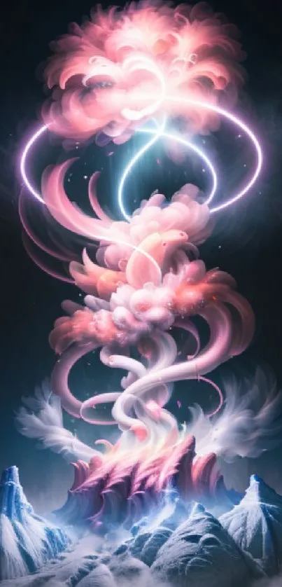 Dreamy pink vortex with cosmic clouds floating above mountains.