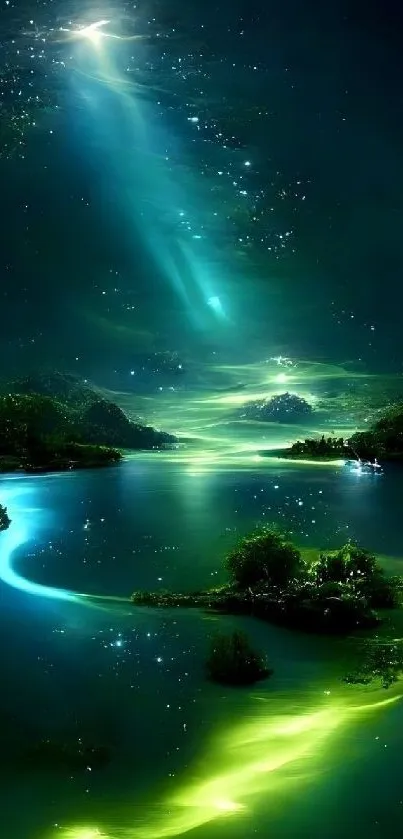 Starry night with glowing green light over serene waterscape.